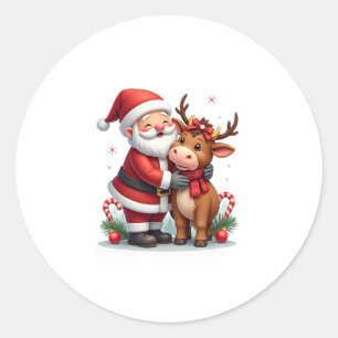 Christmas Highland Cow With Santa Scottish Vintage Classic Round Sticker