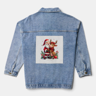 Christmas Highland Cow With Santa Scottish Vintage Denim Jacket