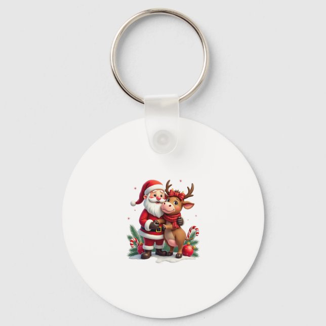 Christmas Highland Cow With Santa Scottish Vintage Key Ring (Front)