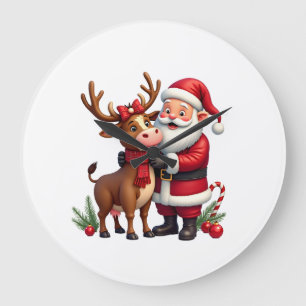 Christmas Highland Cow With Santa Scottish Vintage Large Clock