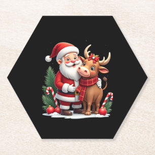 Christmas Highland Cow With Santa Scottish Vintage Paper Coaster