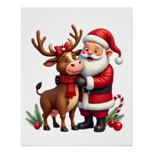 Christmas Highland Cow With Santa Scottish Vintage Poster