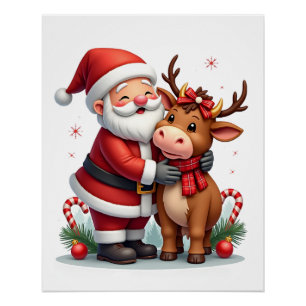 Christmas Highland Cow With Santa Scottish Vintage Poster