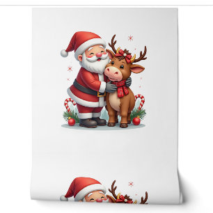 Christmas Highland Cow With Santa Scottish Vintage Wallpaper