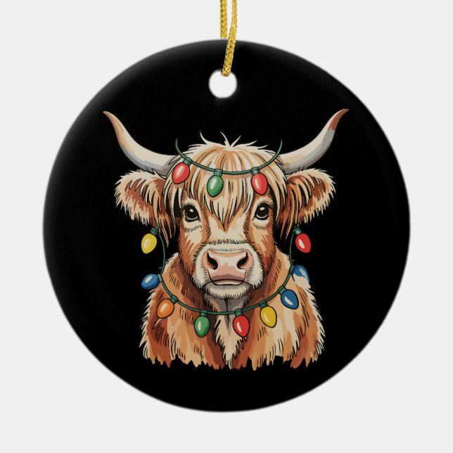 Christmas Highland Cow Xmas Lights Farm Holiday Ceramic Tree Decoration (Front)
