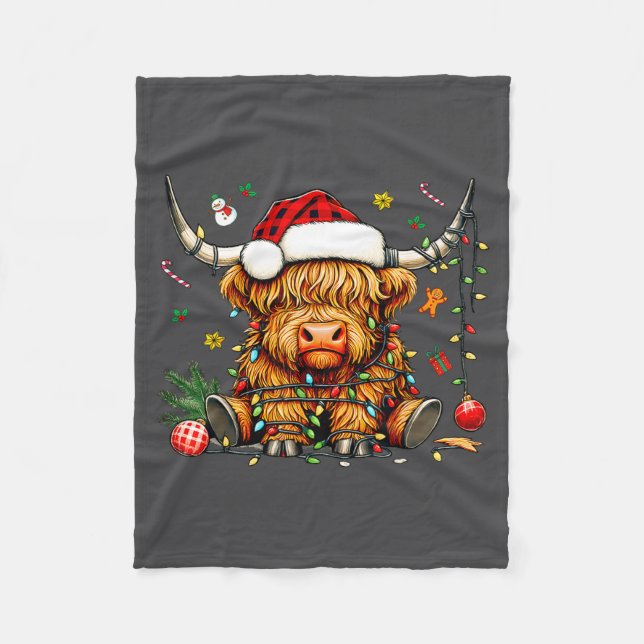 Christmas Highland Cow Xmas Santa Hat Wooly Farm A Fleece Blanket (Front)
