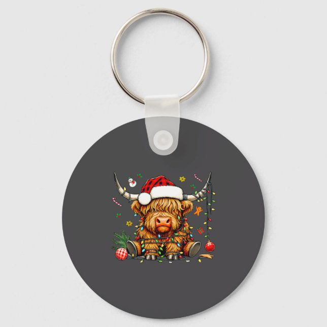 Christmas Highland Cow Xmas Santa Hat Wooly Farm A Key Ring (Front)