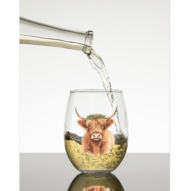 Christmas Highland Miniature Cow Animal Stemless Wine Glass (Christmas greenery highland cow wine glass gift)