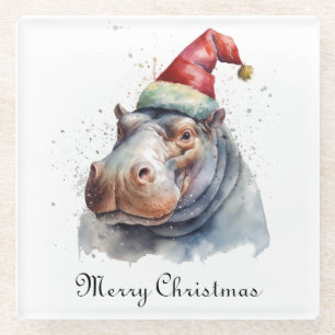 Christmas Hippo, customisable Glass Coaster