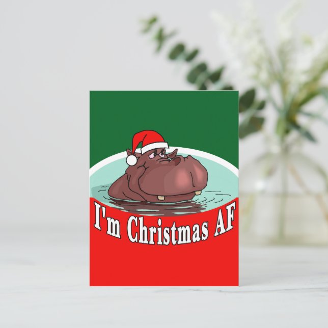 Christmas Hippopotamus in Santa Hat - Christmas AF Holiday Postcard (Standing Front)