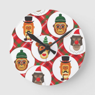 christmas hipster monkeys round clock