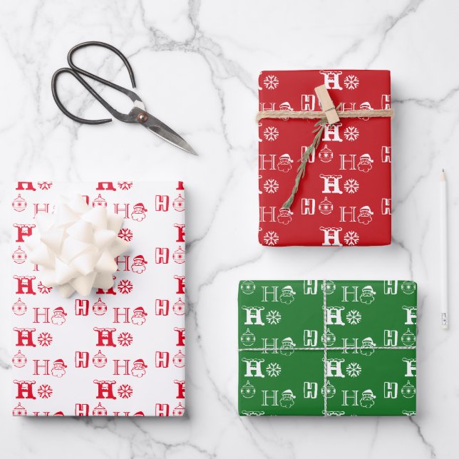 Christmas Ho Ho Ho red white green pattern cute Wrapping Paper Sheet (Front)