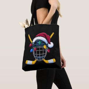 Christmas Hockey Helmet Santa Hat Lights Sticks Tote Bag