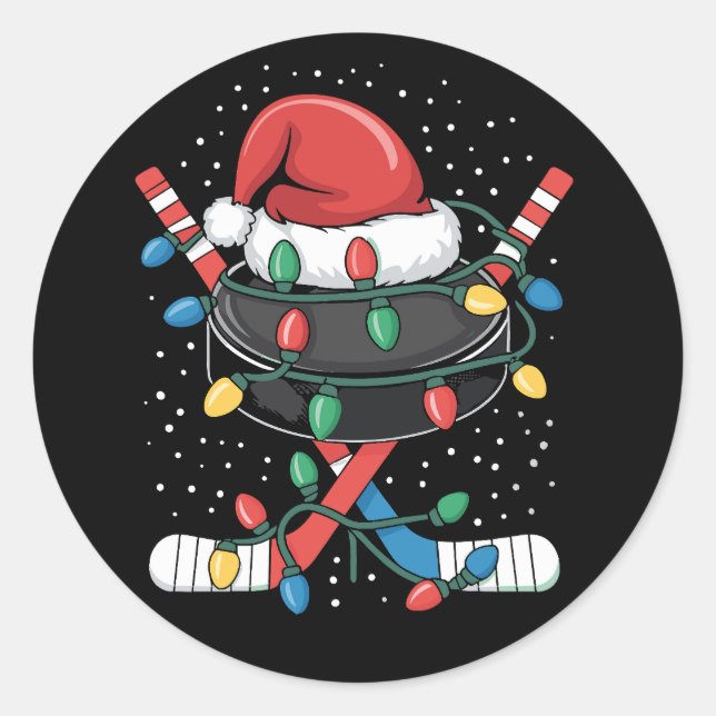 Christmas Hockey Xmas Santa Sports Hat Ball  Classic Round Sticker (Front)