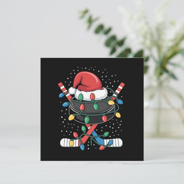Christmas Hockey Xmas Santa Sports Hat Ball  Holiday Card (Standing Front)