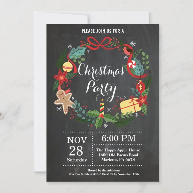 Christmas Holiady Party Invitation Floral Wreath (Front)