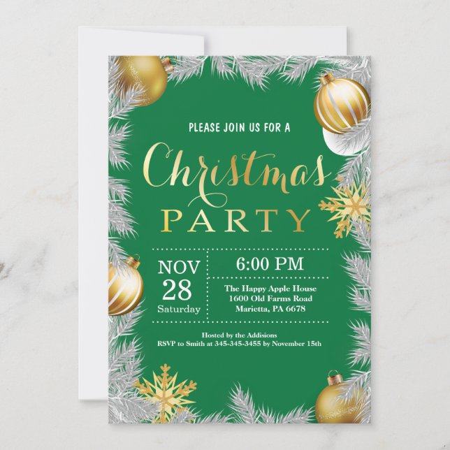 Christmas Holiady Party Invitation Green and Gold (Front)