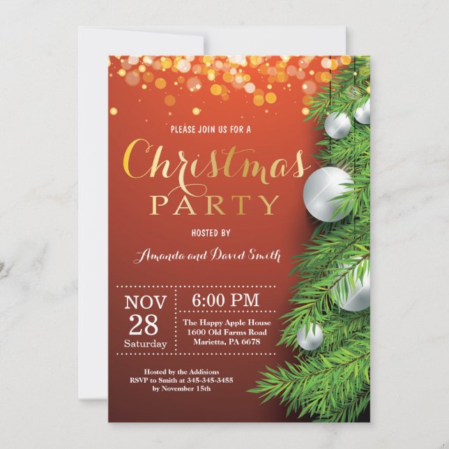 Christmas Holiady Party Invitation Red and Gold (Front)
