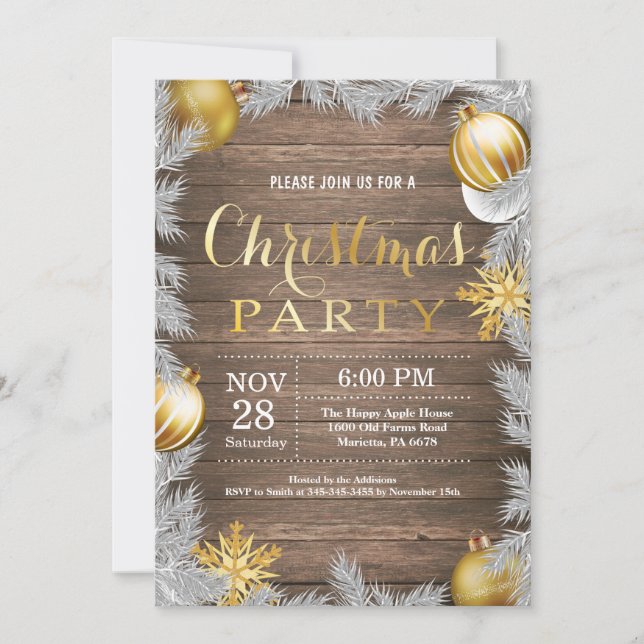 Christmas Holiady Party Invitation Rustic and Gold (Front)