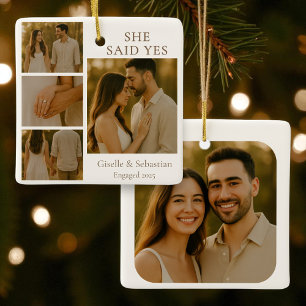 Christmas Holiday 4 Photo Engagement Collage  Ceramic Ornament