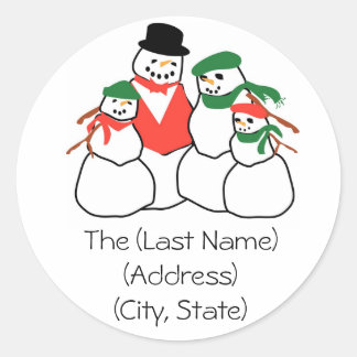 Christmas Holiday Address Label-Snowmen Family Classic Round Sticker