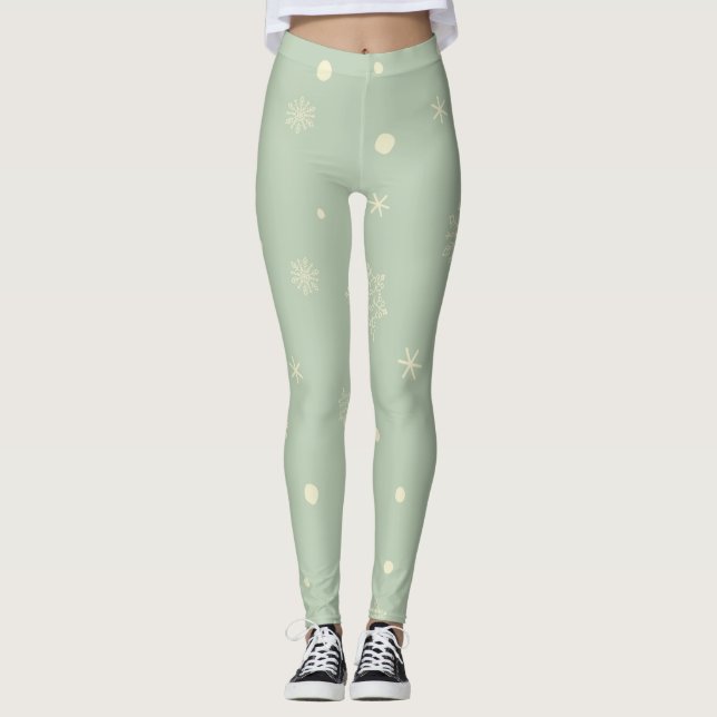 Christmas Holiday Aesthetic Snowflake Moss Green Leggings (Front)