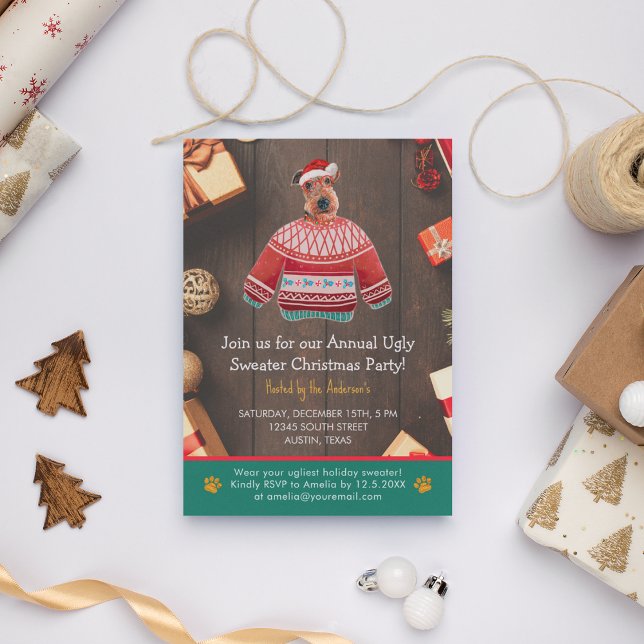 Christmas Holiday Airedale Dog Ugly Sweater Party Invitation (Front)