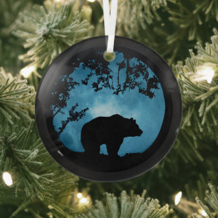 Christmas Holiday Bear and Moon Glass Tree Decoration