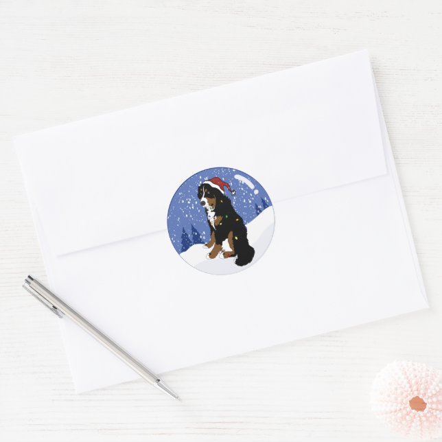 Christmas Holiday Bernese Mountain Dog Classic Round Sticker (Envelope)