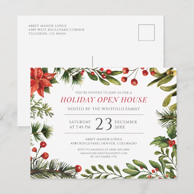 Christmas Holiday Berries Greenery Open House Invitation Postcard (Front/Back)
