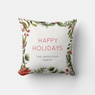 Christmas Holiday Berries Greenery Watercolor Cushion