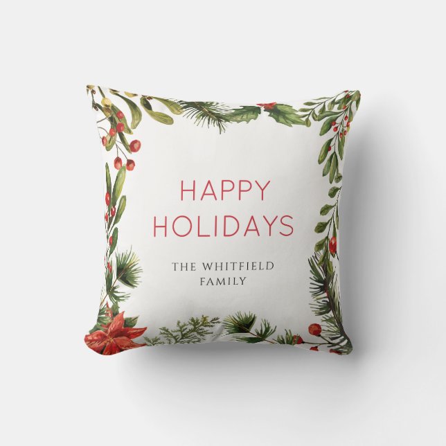 Christmas Holiday Berries Greenery Watercolor Cushion (Front)