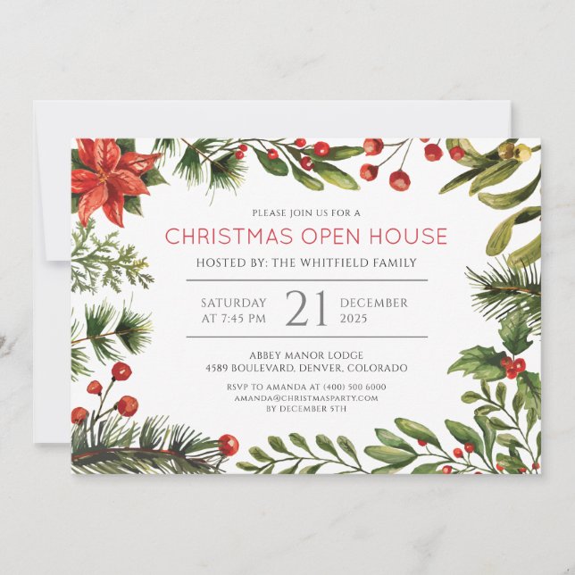 Christmas Holiday Berries Greenery Watercolor Invitation (Front)