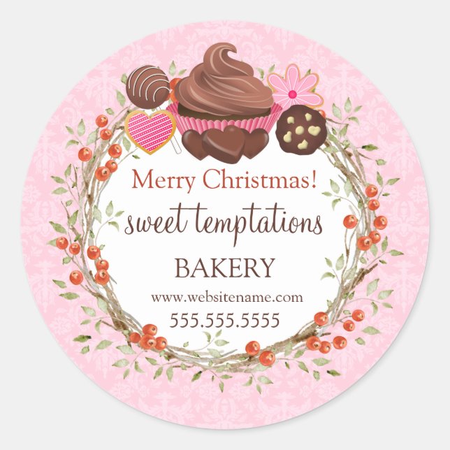 Christmas Holiday Berry Wreath Assorted Desserts Classic Round Sticker (Front)