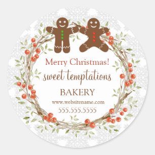 Christmas Holiday Berry Wreath Gingerbread Men Classic Round Sticker