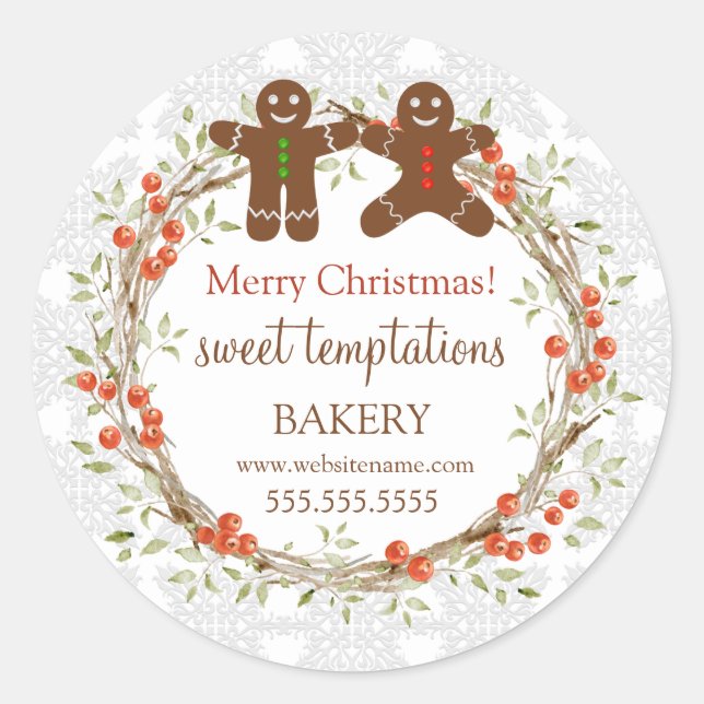 Christmas Holiday Berry Wreath Gingerbread Men Classic Round Sticker (Front)