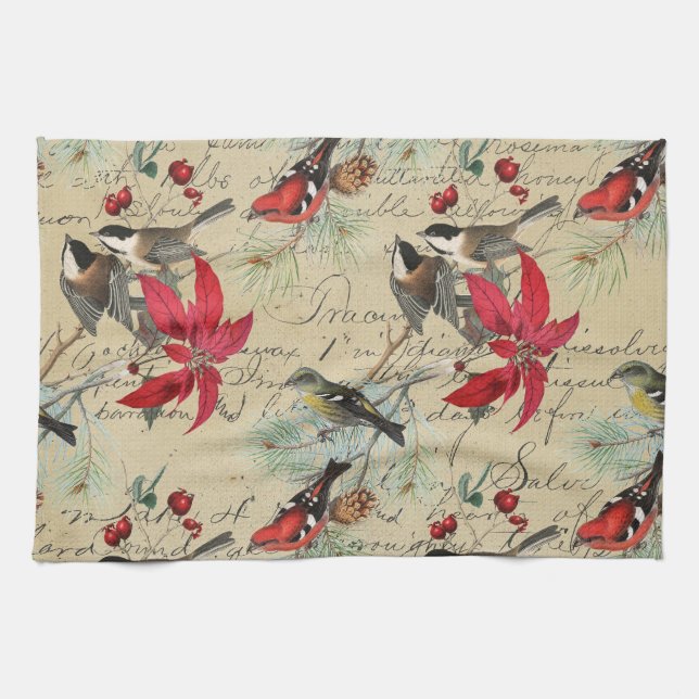 Christmas Holiday Bird and Red Poinsettia Tea Towel (Horizontal)