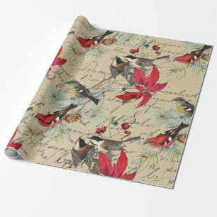 Christmas Holiday Bird and Red Poinsettia Wrapping Paper