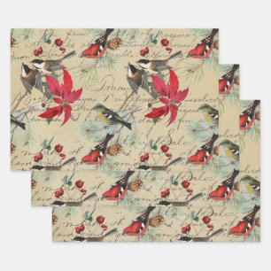 Christmas Holiday Bird and Red Poinsettia Wrapping Paper Sheet