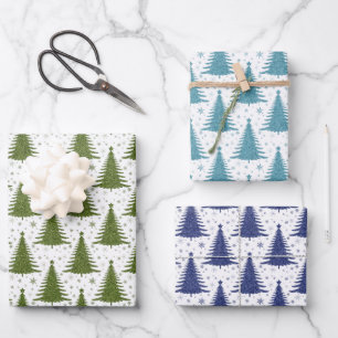 Christmas Holiday Blue Green Trees Pattern Glitter Wrapping Paper Sheet