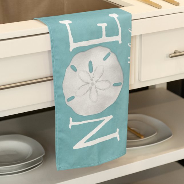 Christmas Holiday Blue Noel Cute Beach Sand Dollar Tea Towel (Noel holiday beach sand dollar kitchen towel)