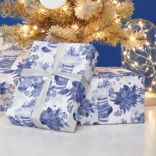 Christmas Holiday Blue Winter Stockings Poinsettia Wrapping Paper