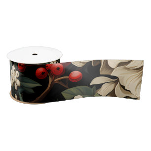Christmas/Holiday Bold Flowers, Berries & Leaves Satin Ribbon