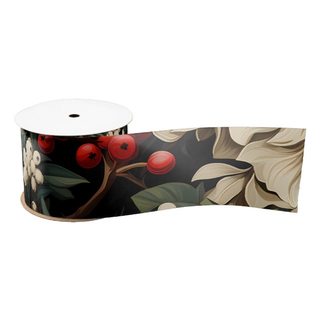 Christmas/Holiday Bold Flowers, Berries & Leaves Satin Ribbon (Spool)
