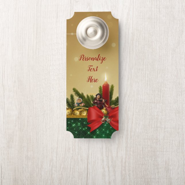 Christmas Holiday Candle Bows & Gold Bells Room Door Hanger (On Knob)