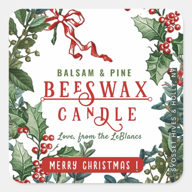 Christmas Holiday Candle with Holly & Berry Border Square Sticker (Front)