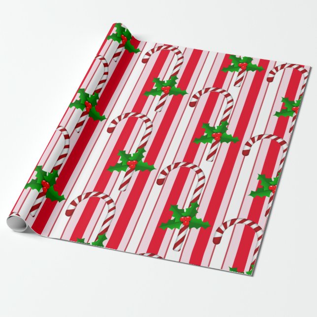Christmas Holiday Candy Cane Stripes Holly Pattern Wrapping Paper (Unrolled)