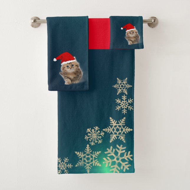 Christmas Holiday-Cat Santa Hat,Snowflakes,Green Bath Towel Set (Insitu)