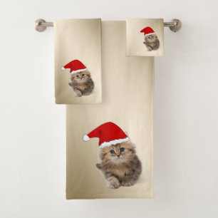 Christmas Holiday-Cat With Santa Hat,Snowflakes Bath Towel Set
