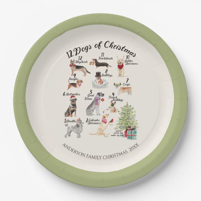 Christmas Holiday Celebration 12 Dogs of Christmas Paper Plate (Front)
